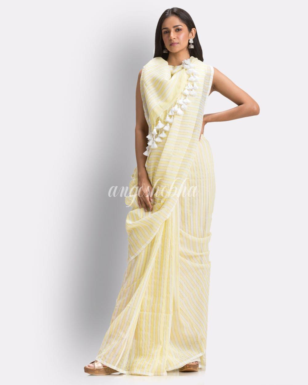 Angoshobha White Light Yellow Striped Molmol Cotton Saree angoshobha