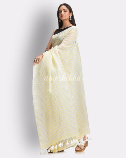 Angoshobha White Light Yellow Striped Molmol Cotton Saree angoshobha