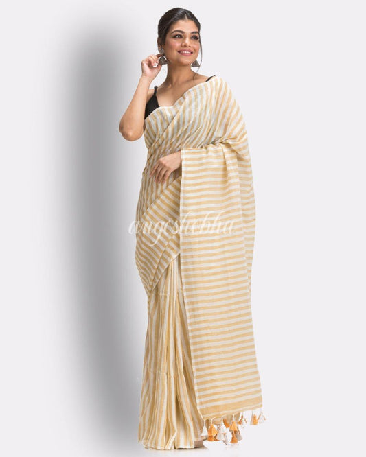 Angoshobha White Muga Striped Molmol Cotton Saree angoshobha