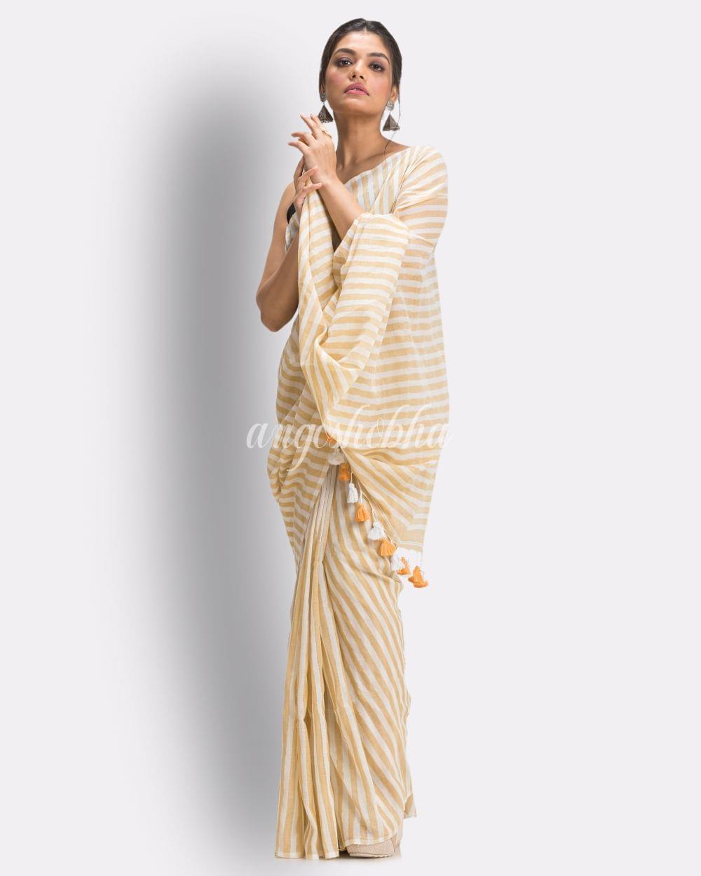 Angoshobha White Muga Striped Molmol Cotton Saree angoshobha