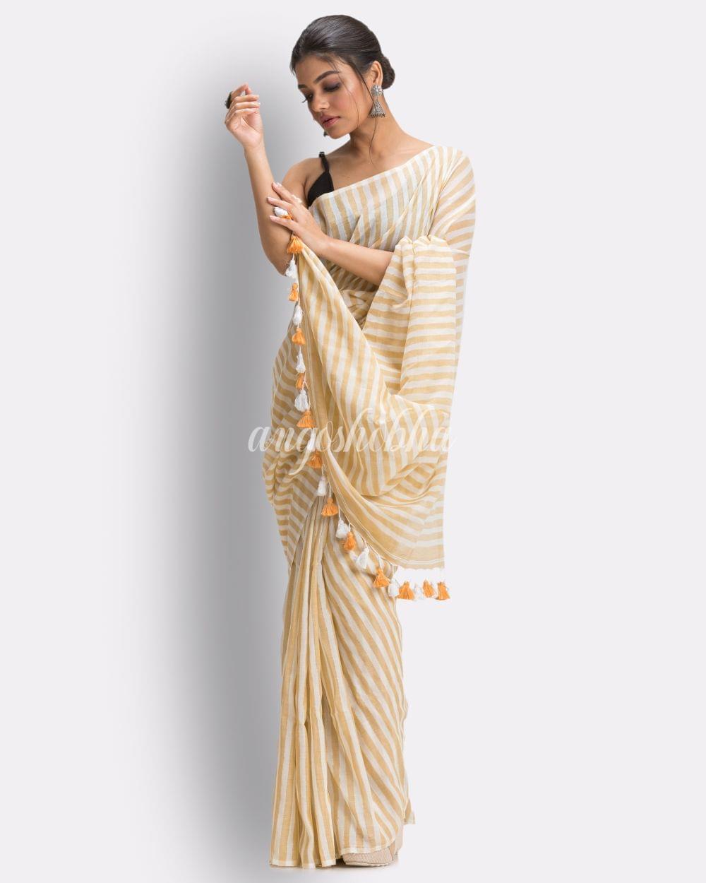 Angoshobha White Muga Striped Molmol Cotton Saree angoshobha