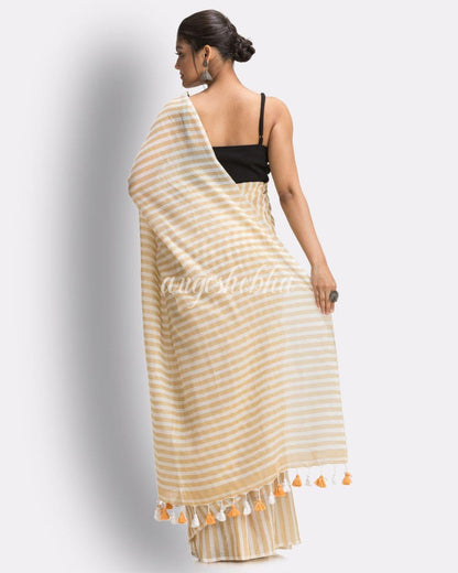 Angoshobha White Muga Striped Molmol Cotton Saree angoshobha