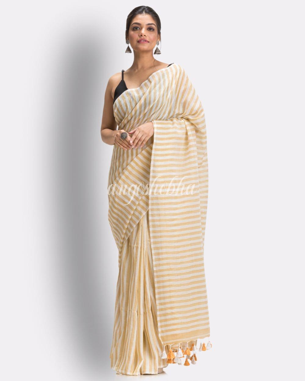 Angoshobha White Muga Striped Molmol Cotton Saree angoshobha