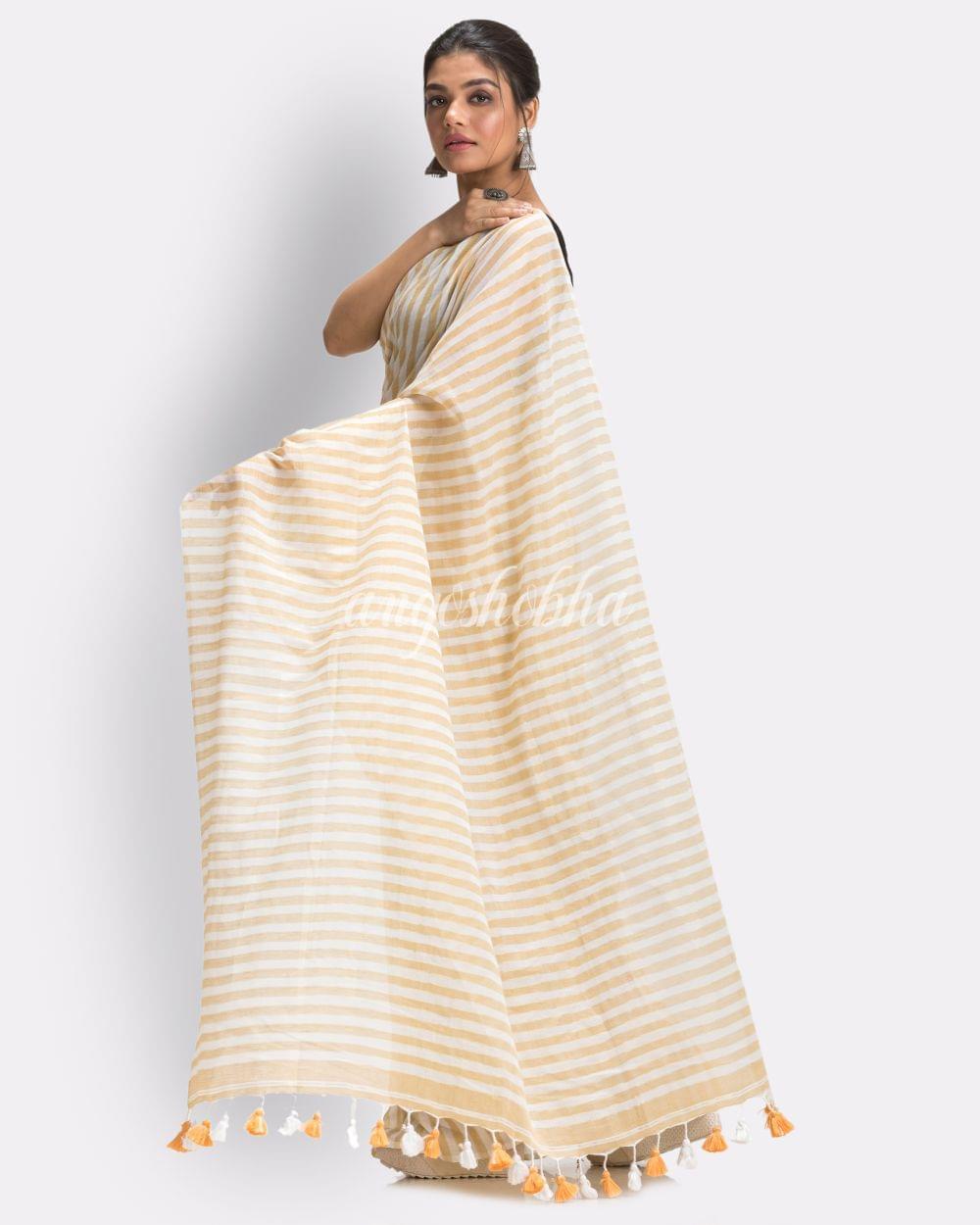 Angoshobha White Muga Striped Molmol Cotton Saree angoshobha