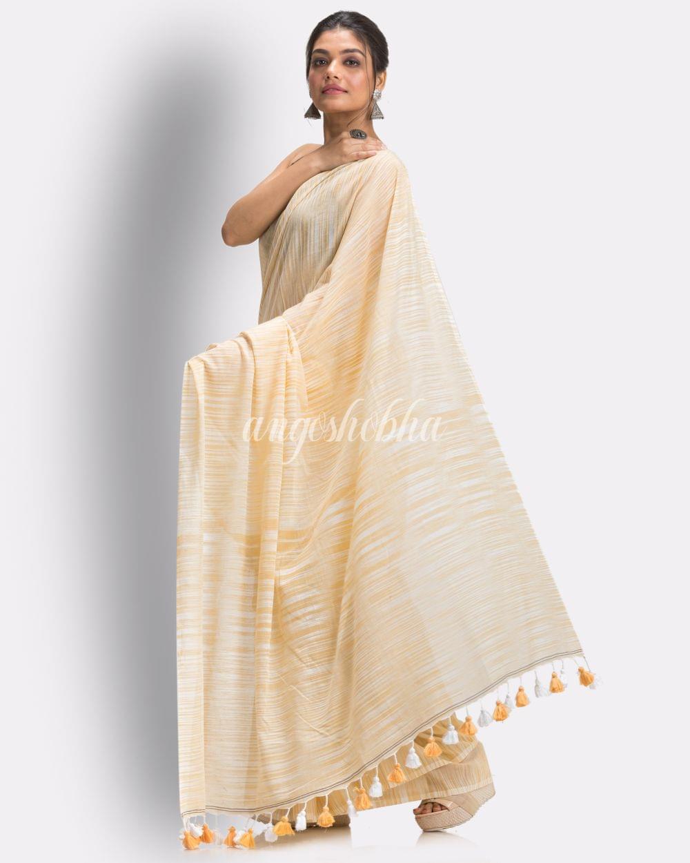 Angoshobha White Muga Tie Dye Molmol Cotton Saree angoshobha