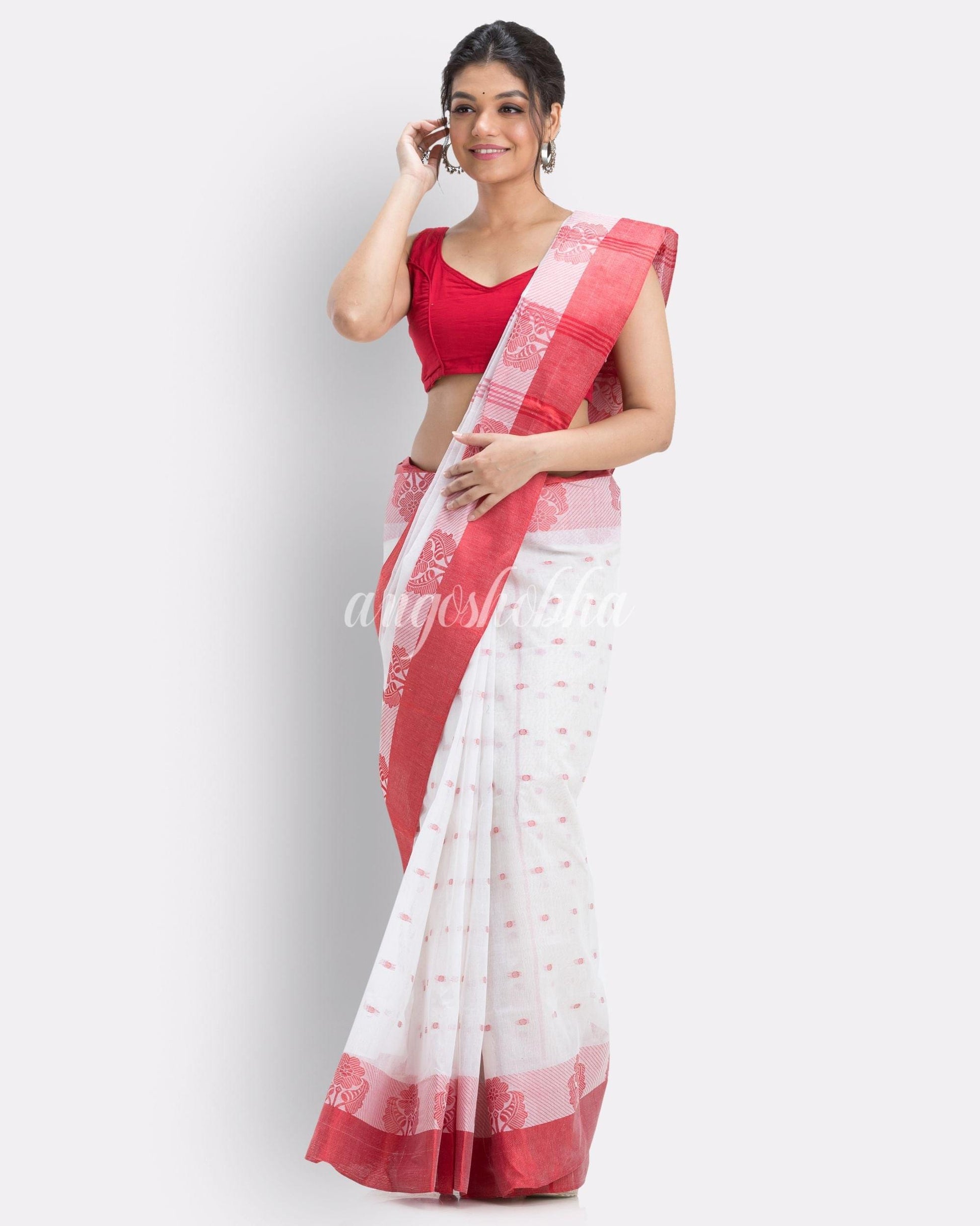 Angoshobha  Women's Tant White Cotton Saree angoshobha