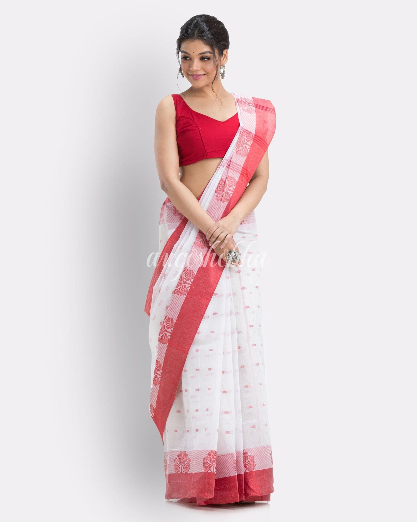 Angoshobha  Women's Tant White Cotton Saree angoshobha