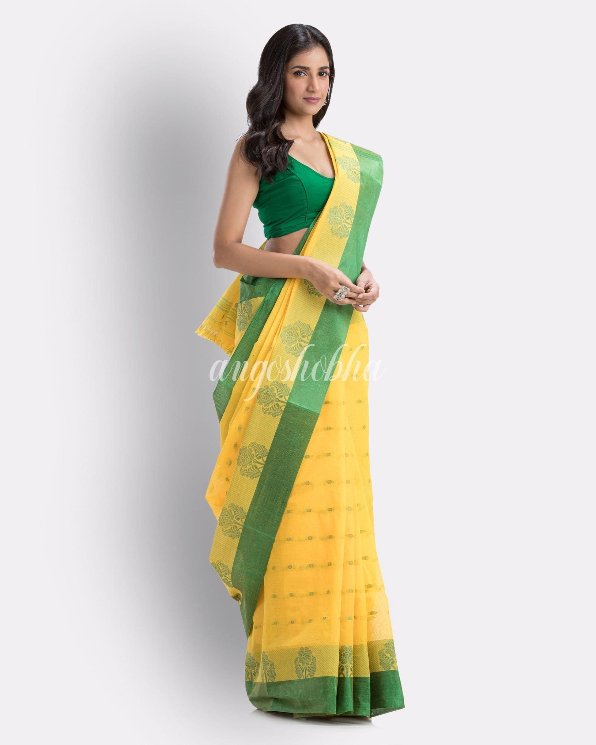 Angoshobha  Women's Tant Yellow Cotton Saree angoshobha