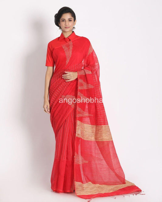 Apple Red Cotton Silk Handloom Saree angoshobha