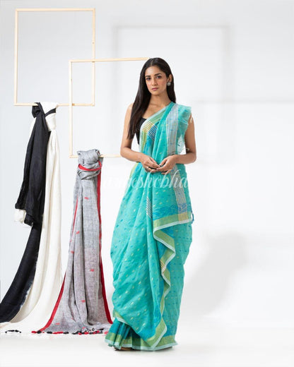 Aqua Blue Cotton Blend Handloom Saree angoshobha