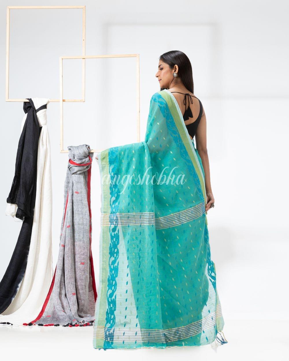 Aqua Blue Cotton Blend Handloom Saree angoshobha