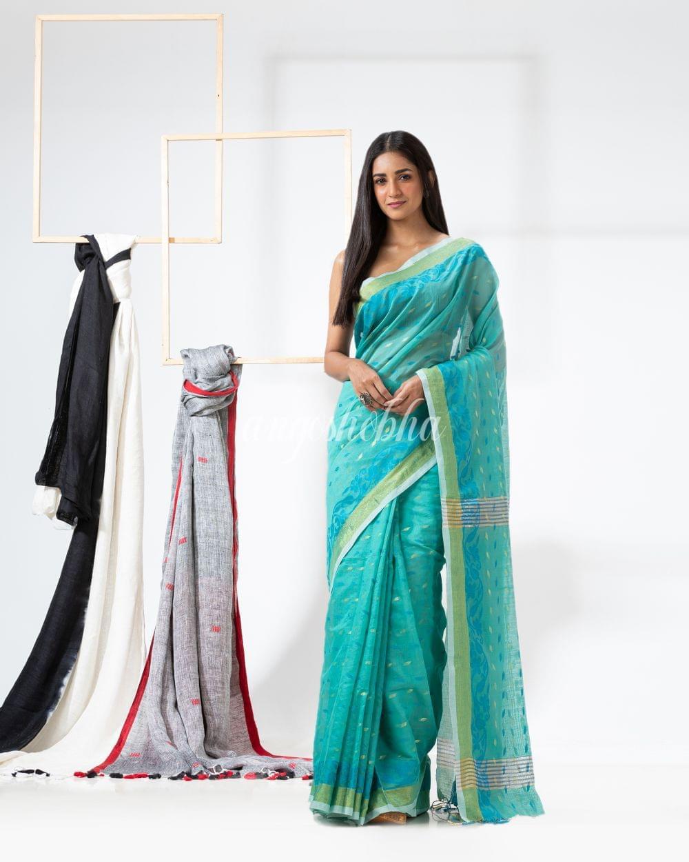 Aqua Blue Cotton Blend Handloom Saree angoshobha