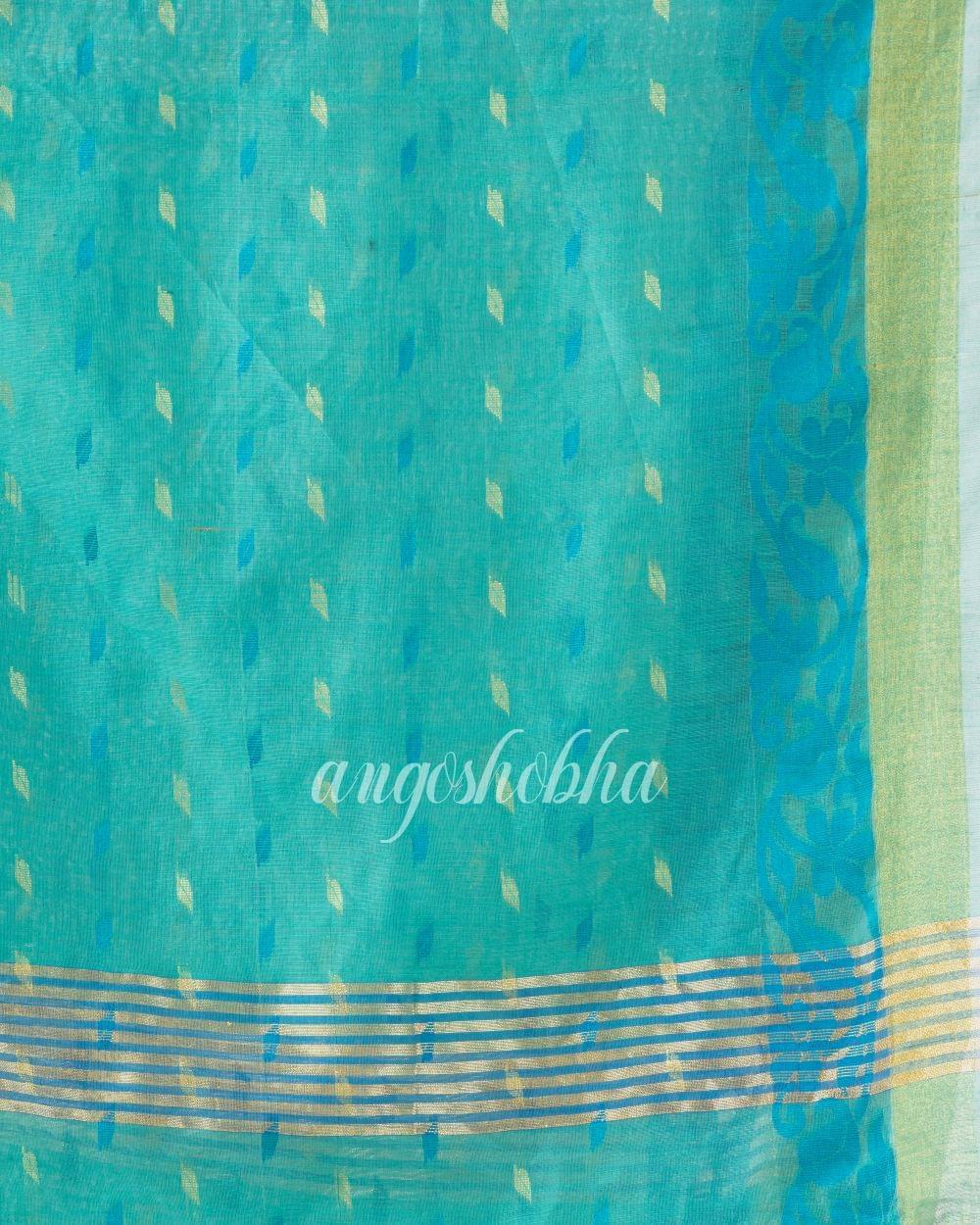 Aqua Blue Cotton Blend Handloom Saree angoshobha