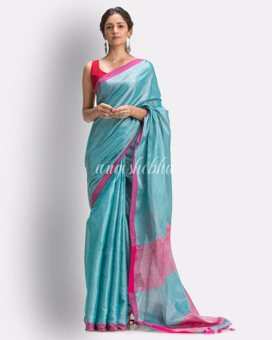 Aqua Blue Handloom JoriCotton Tissue Saree angoshobha