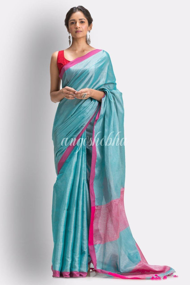 Aqua Blue Handloom Jori Cotton Tissue Saree