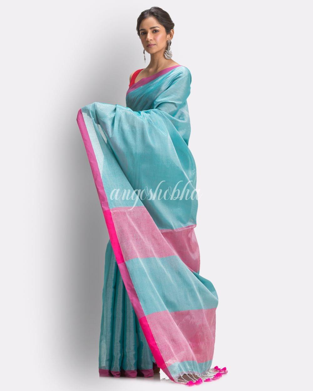 Aqua Blue Handloom JoriCotton Tissue Saree angoshobha