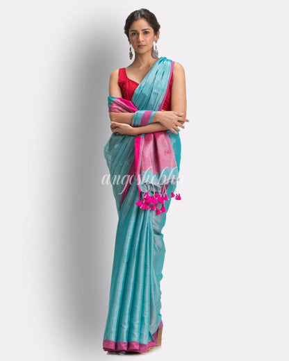 Aqua Blue Handloom JoriCotton Tissue Saree angoshobha