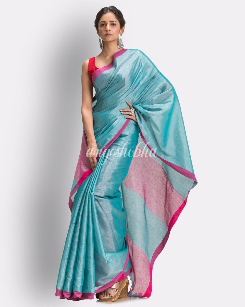 Aqua Blue Handloom JoriCotton Tissue Saree angoshobha