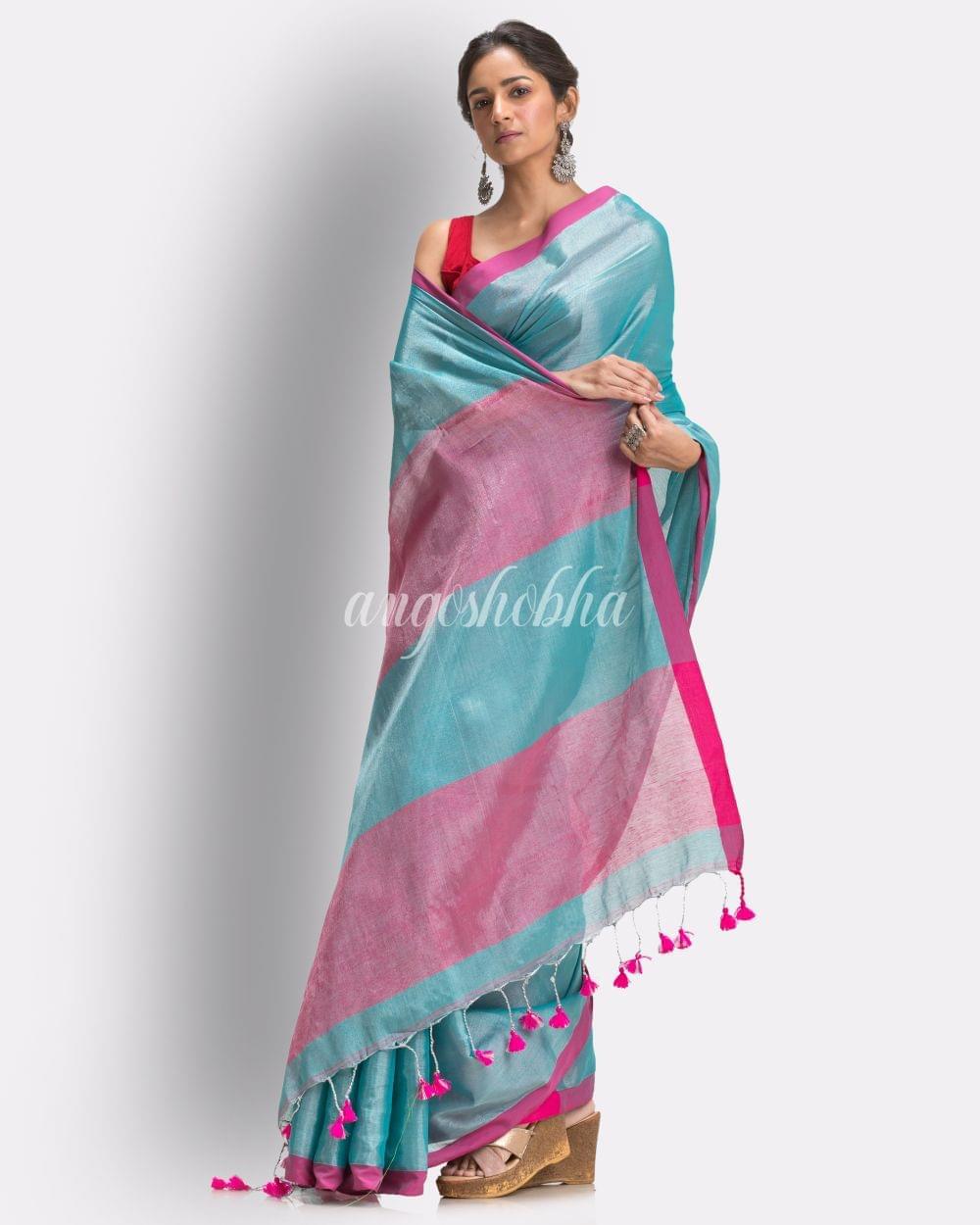 Aqua Blue Handloom JoriCotton Tissue Saree angoshobha