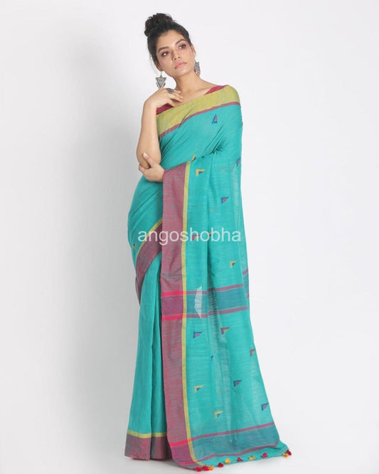 Aqua Cotton Handloom Jamdani Saree angoshobha