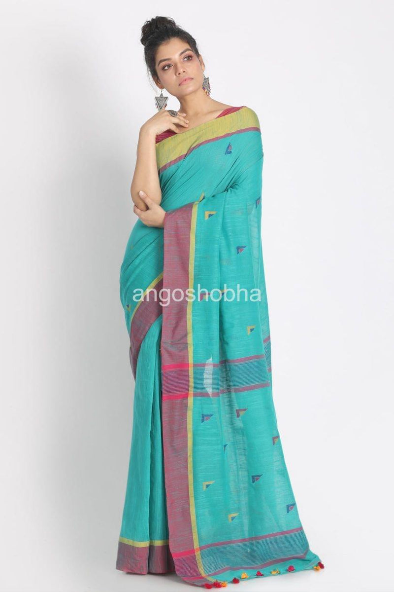 Aqua Cotton Handloom Jamdani Saree