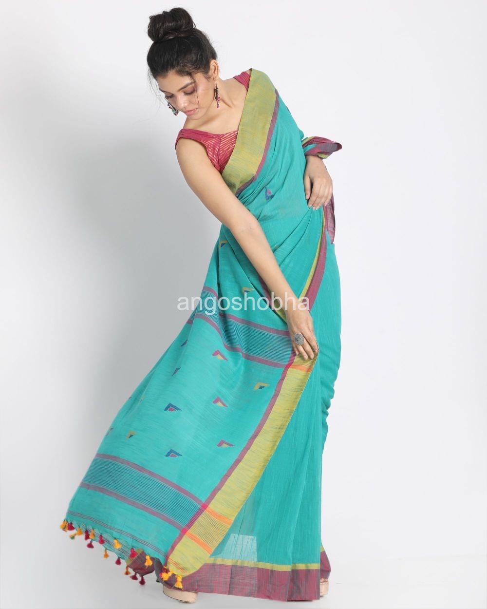 Aqua Cotton Handloom Jamdani Saree angoshobha