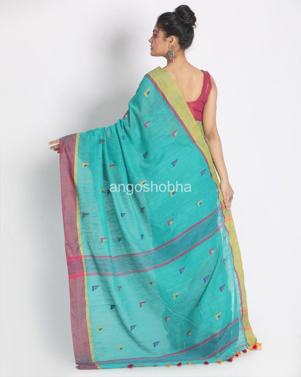 Aqua Cotton Handloom Jamdani Saree angoshobha