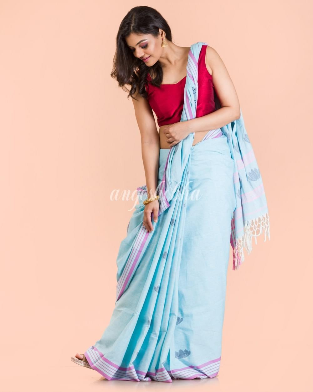 Aqua Handwoven Cotton Saree angoshobha