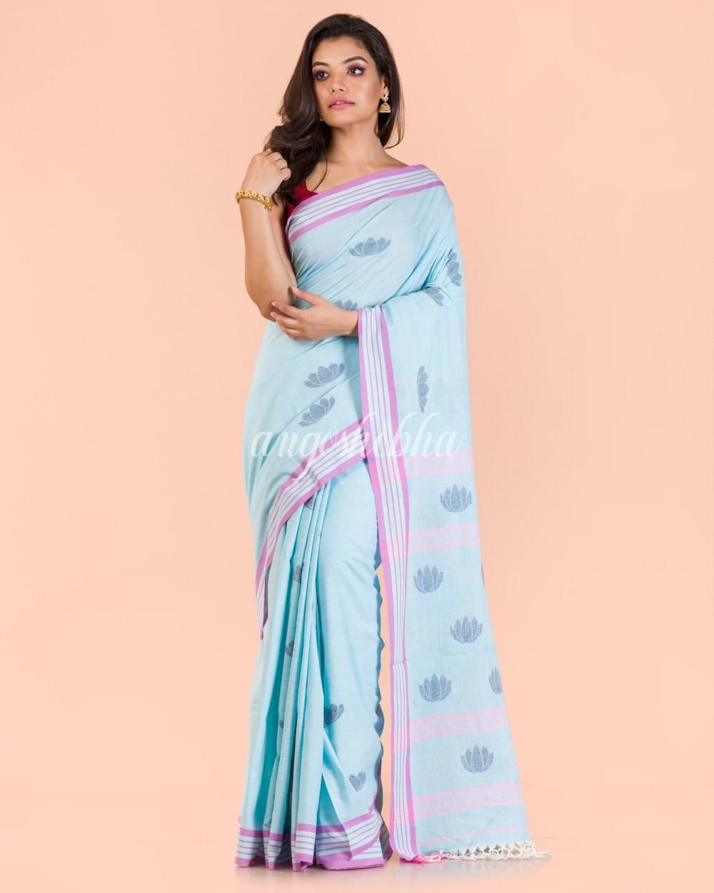 Aqua Handwoven Cotton Saree angoshobha
