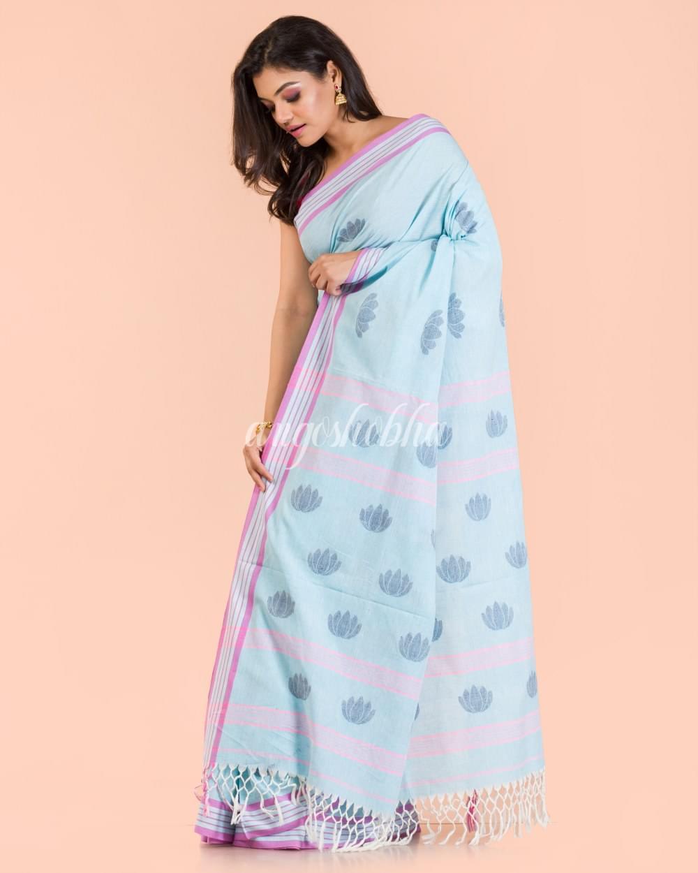 Aqua Handwoven Cotton Saree angoshobha