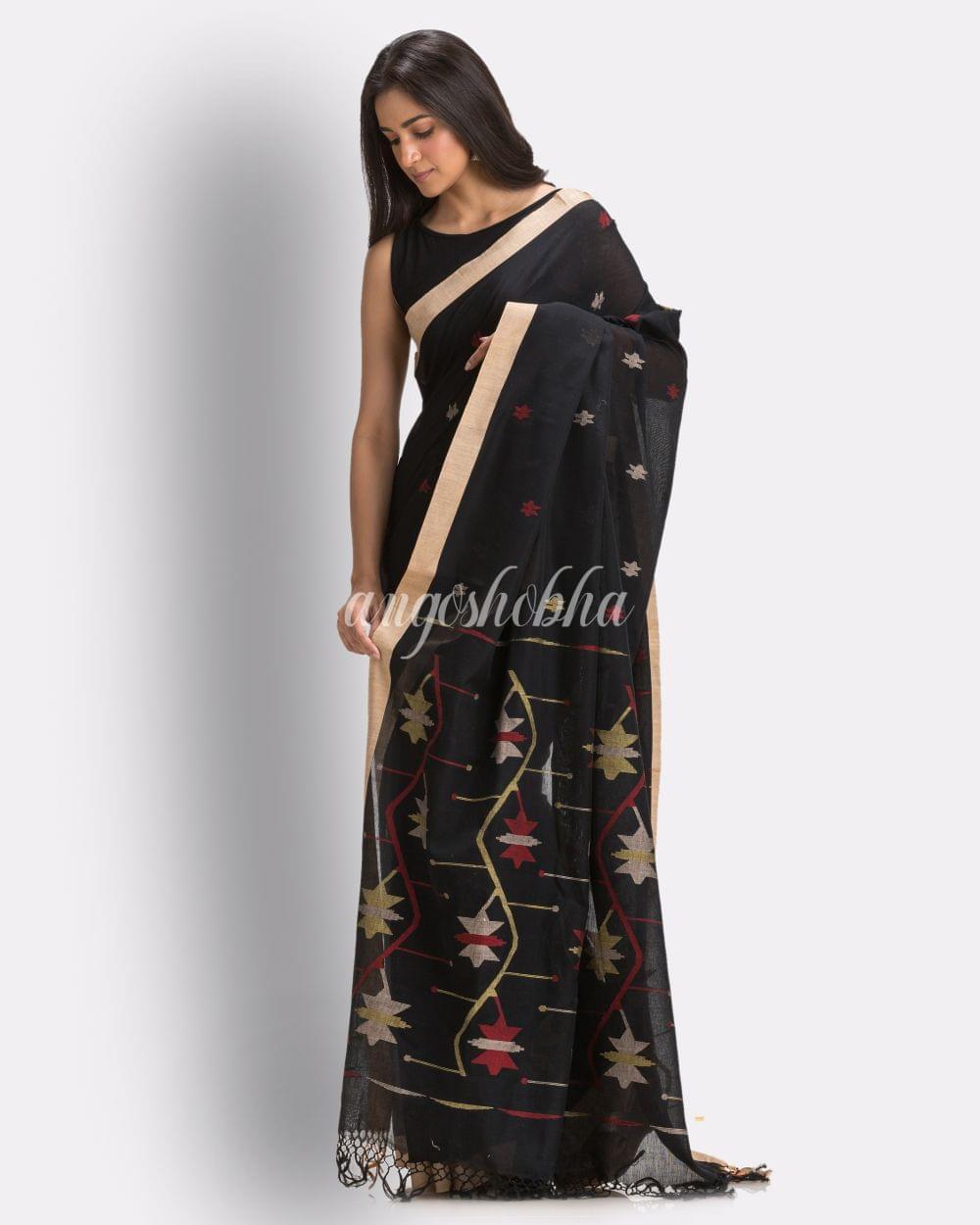 Balck Handloom Cotton Jamdani Saree angoshobha