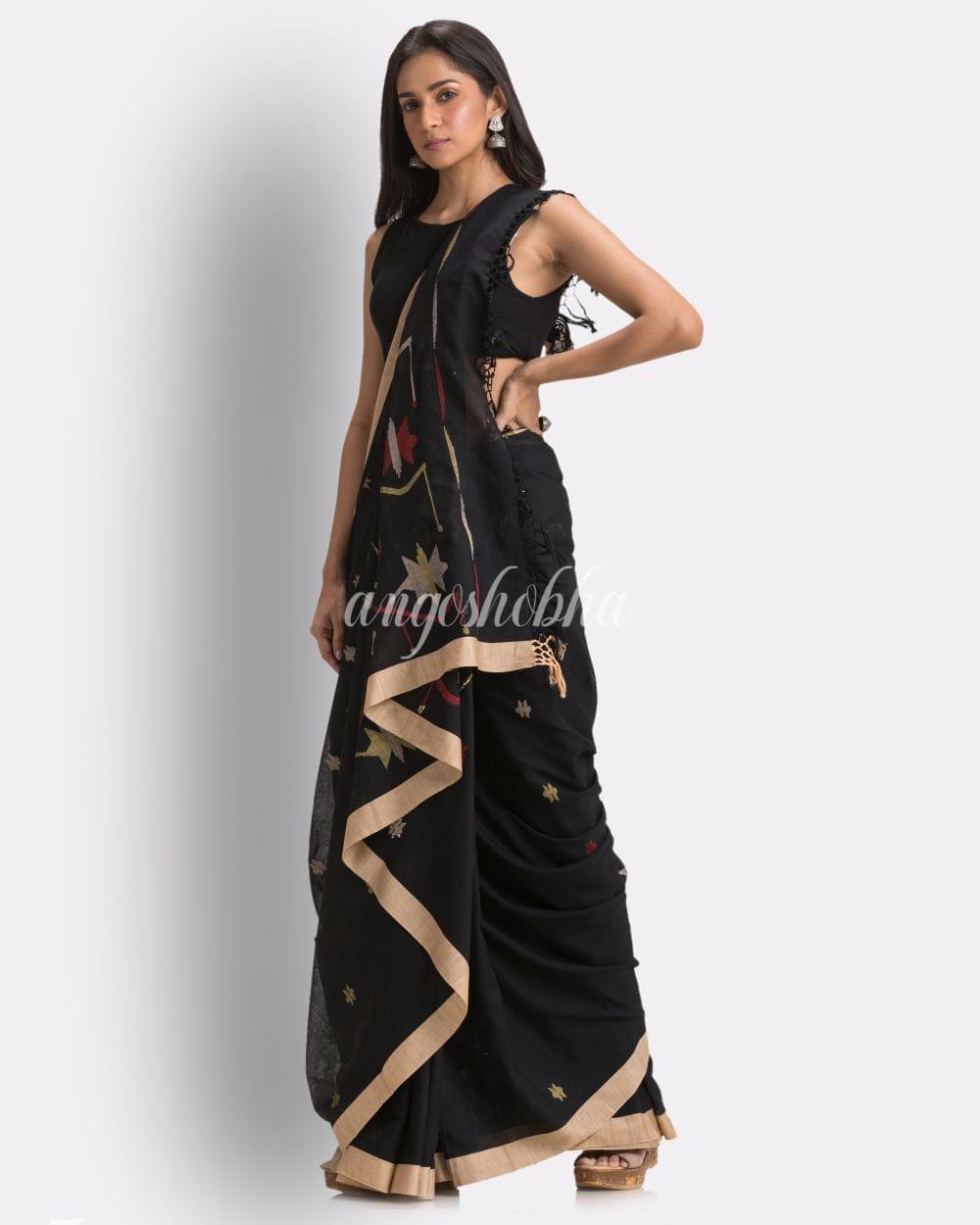 Balck Handloom Cotton Jamdani Saree angoshobha