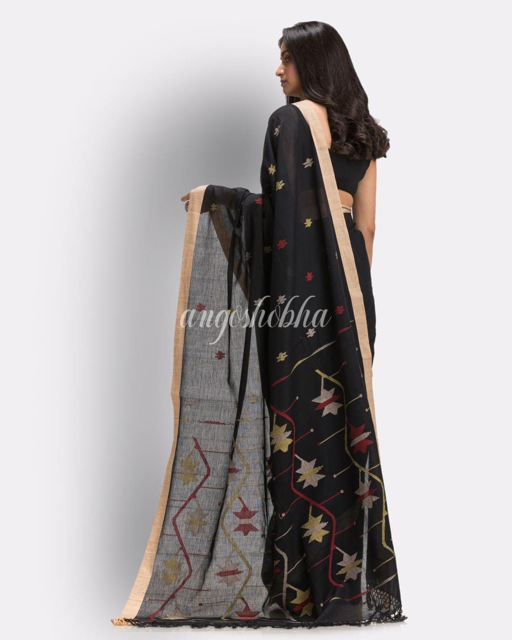 Balck Handloom Cotton Jamdani Saree angoshobha