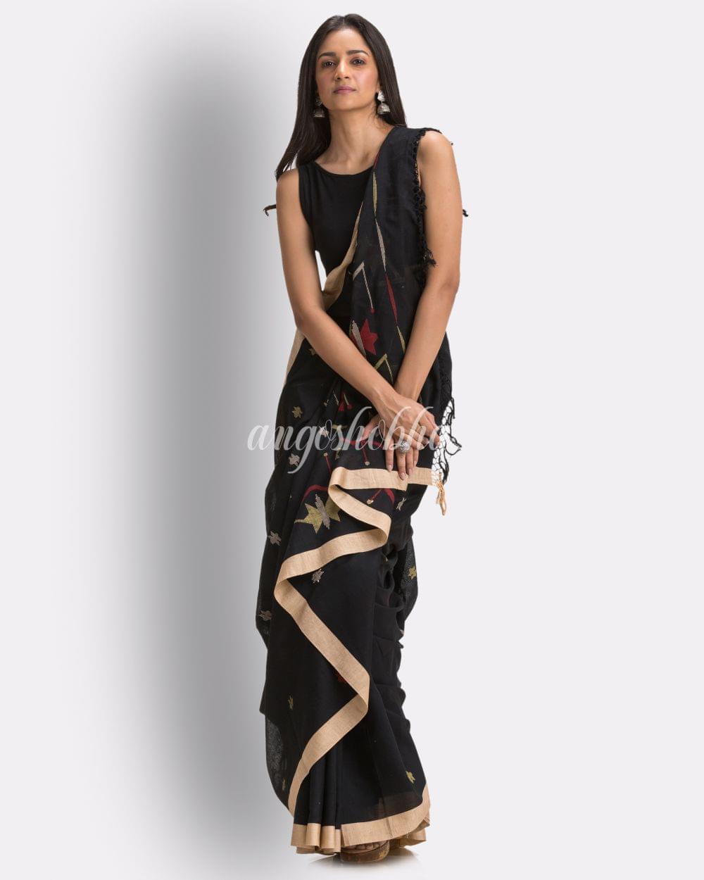 Balck Handloom Cotton Jamdani Saree angoshobha