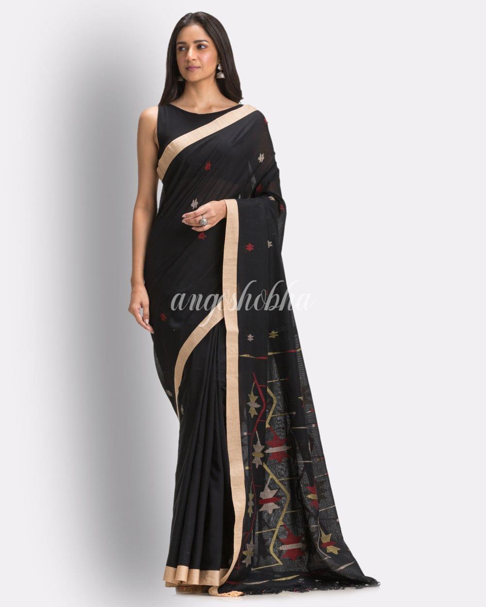 Balck Handloom Cotton Jamdani Saree angoshobha