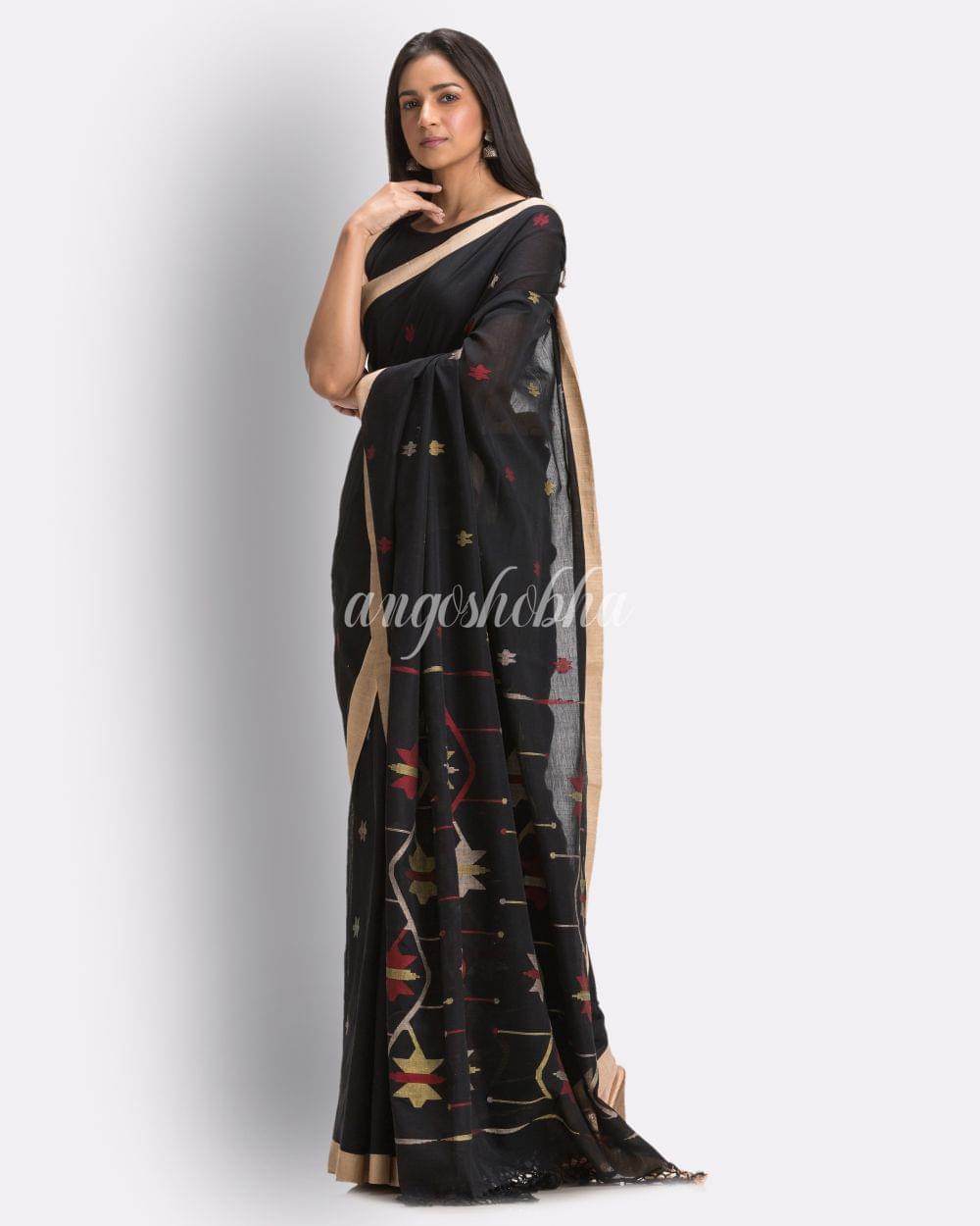 Balck Handloom Cotton Jamdani Saree angoshobha