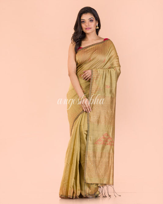 Beige Blended Cotton Sequins Saree angoshobha