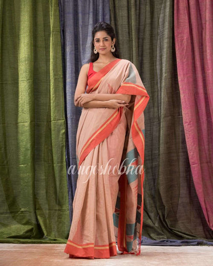 Beige Cotton Blend Traditional Jamdani Saree angoshobha