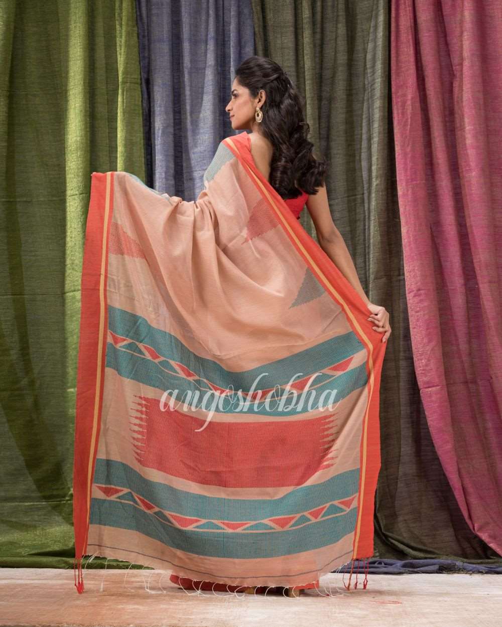 Beige Cotton Blend Traditional Jamdani Saree angoshobha