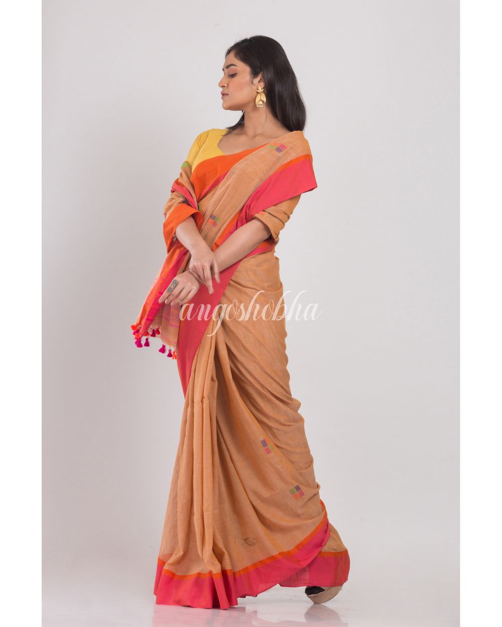 Beige Cotton Handloom Saree angoshobha