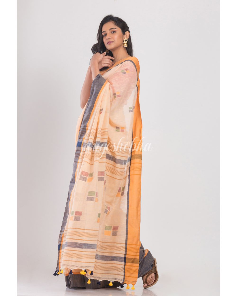 Beige Cotton Handloom Saree angoshobha