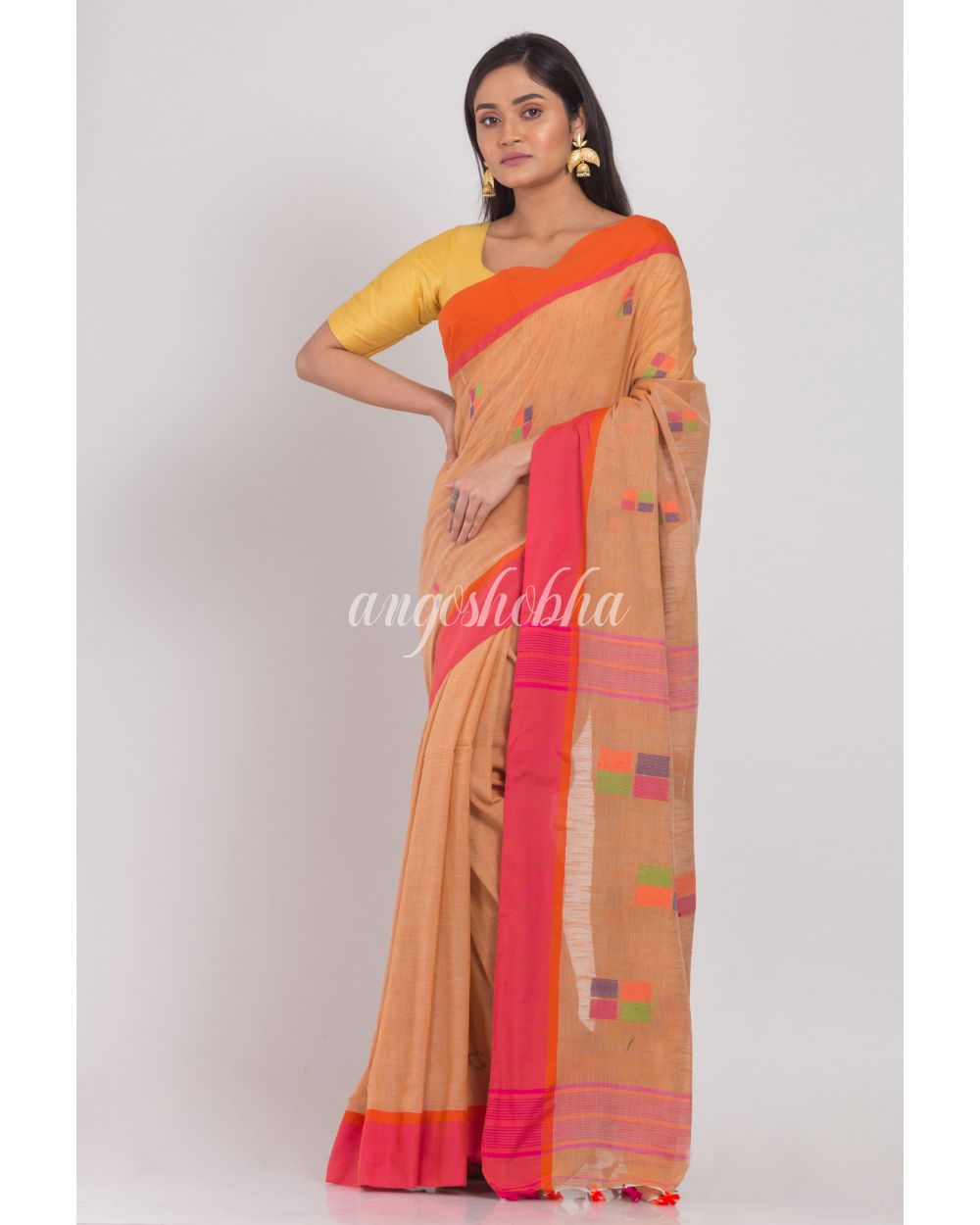 Beige Cotton Handloom Saree angoshobha