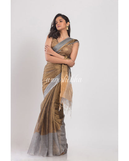 Beige Golden Sequins Handwoven Silk Saree angoshobha