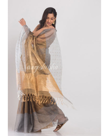 Beige Golden Sequins Handwoven Silk Saree angoshobha