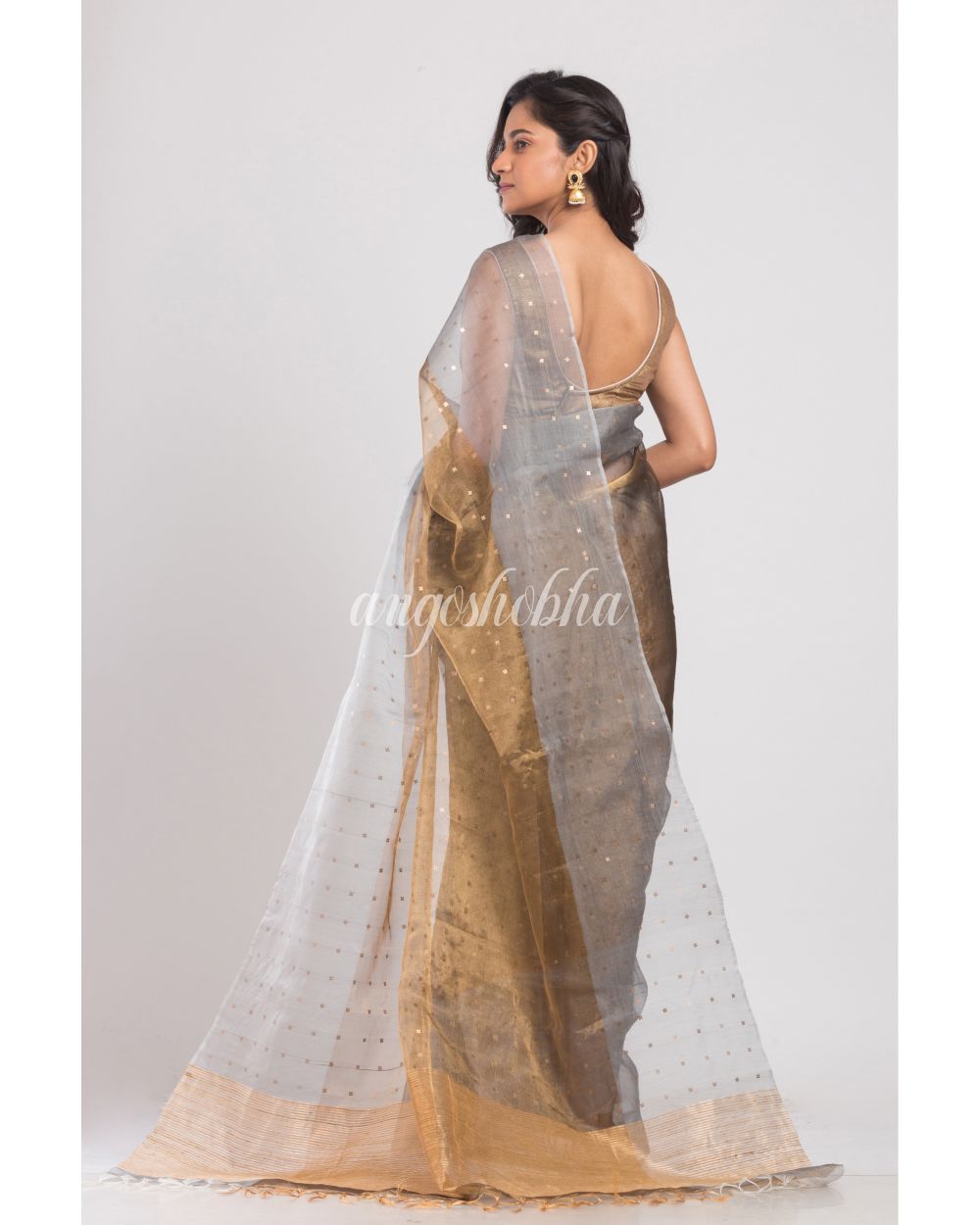 Beige Golden Sequins Handwoven Silk Saree angoshobha