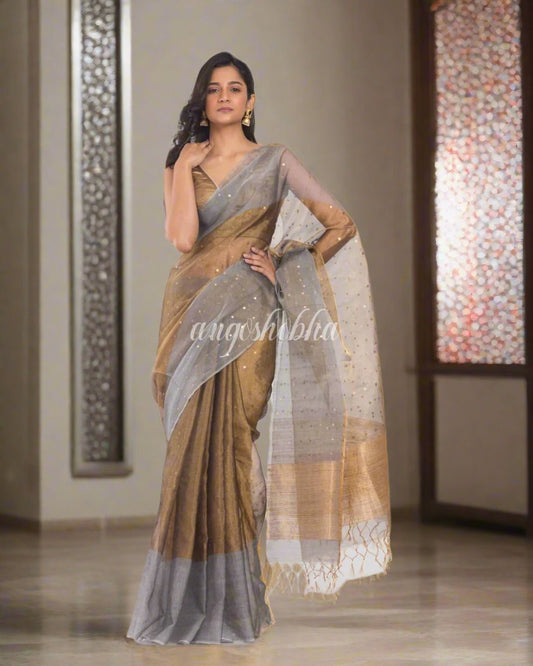 Beige Golden Sequins Handwoven Silk Saree angoshobha