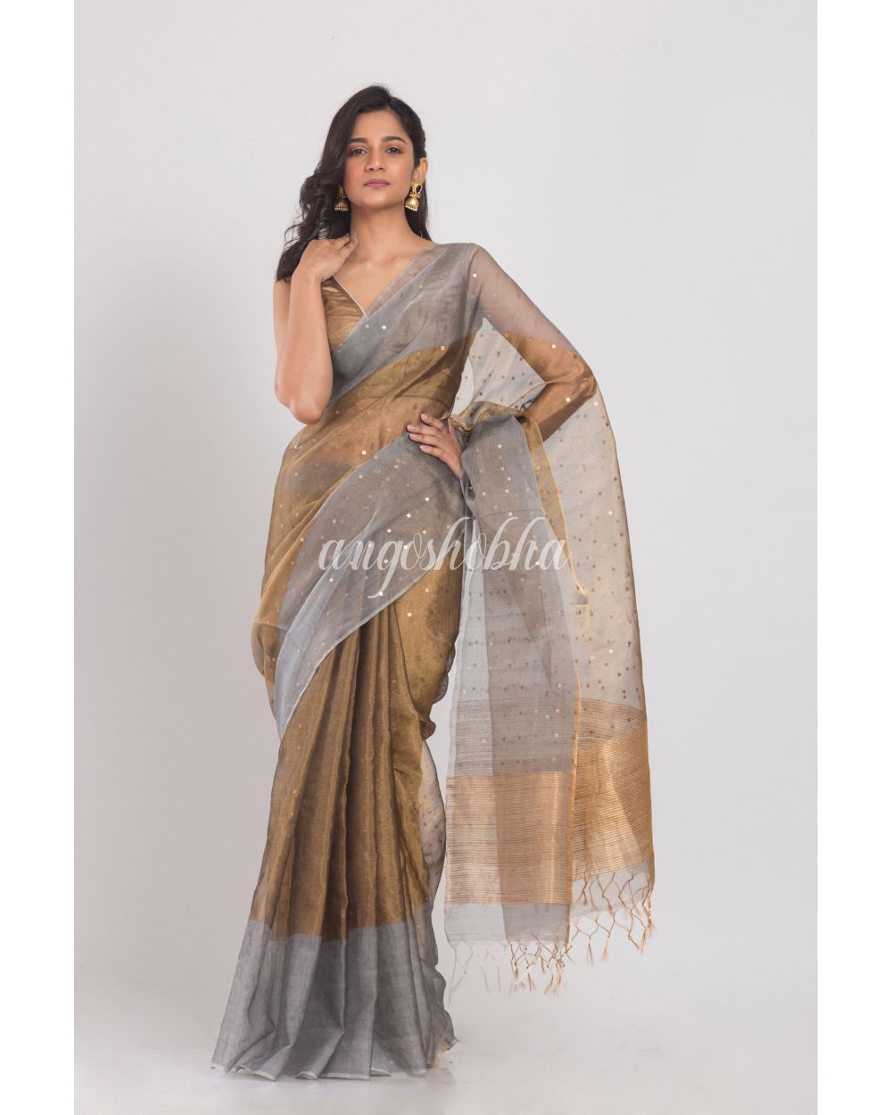 Beige Golden Sequins Handwoven Silk Saree angoshobha