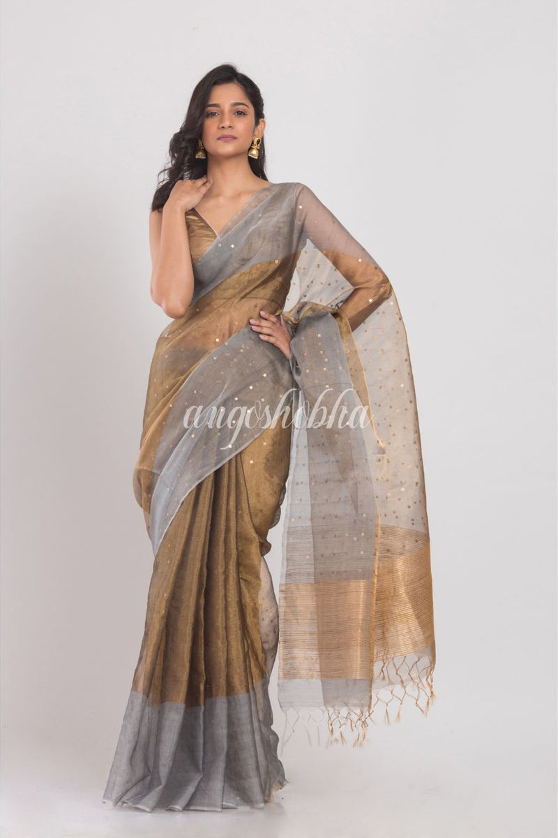Beige Golden Sequins Handwoven Silk Muslin Saree