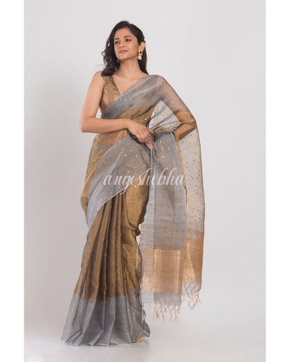 Beige Golden Sequins Handwoven Silk Saree angoshobha