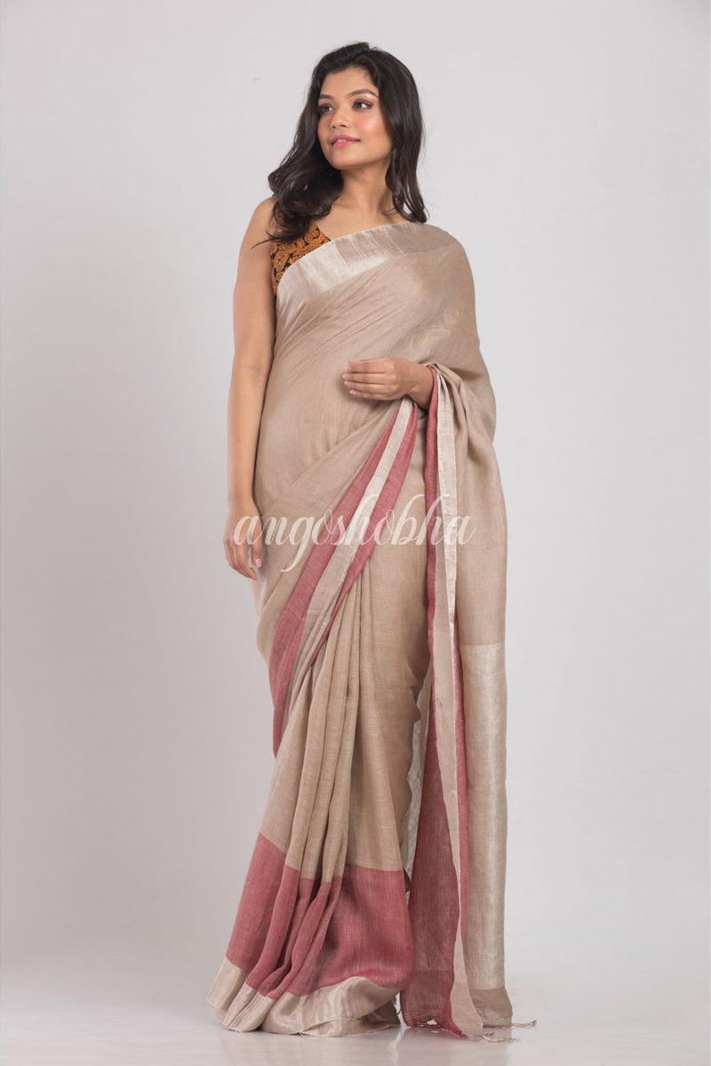 Beige Handwoven Linen Saree